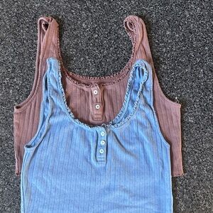 American Eagle Outfitters Blue and Brown Henley cropped Tank Tops- 100% cotton